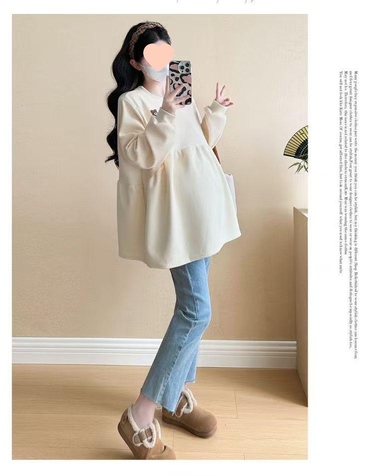 2025 Корейский стиль Свободный с круглым вырезом Флисовый свитшот для беременных на осень/зиму