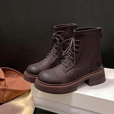 Женская обувь 2025 новая круглый носок кожаная платформа ботинки Мартин коричневые ретро короткие ботинки тонкие ботинки