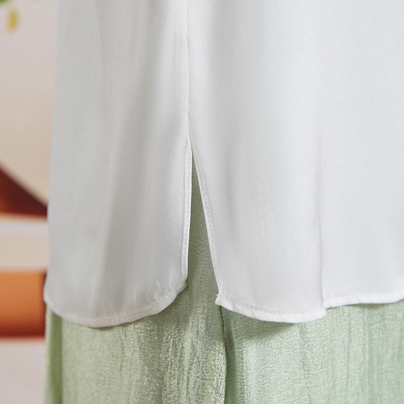 Summer V-neck raglan sleeves classic solid color women's shirt with mulberry silk three-dimensional embroidery splicing design