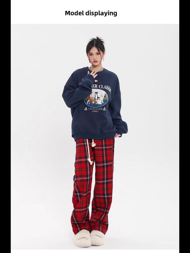 Женские брюки широкого кроя в красную клетку - повседневный осенне-зимний спортивный стиль