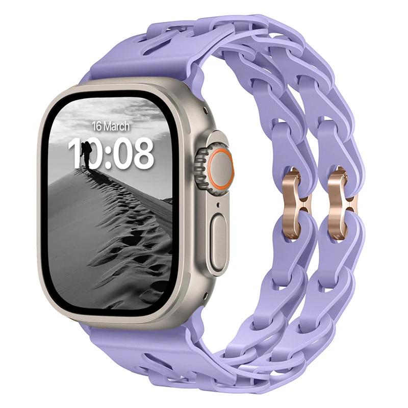 Силиконовый ремешок с двойной звеньевой цепью для Apple Watch Band Ultra 2 49мм 44мм 40мм 45мм 41мм 42мм Браслет для Series 9 8 7 6 5 4 SE 3