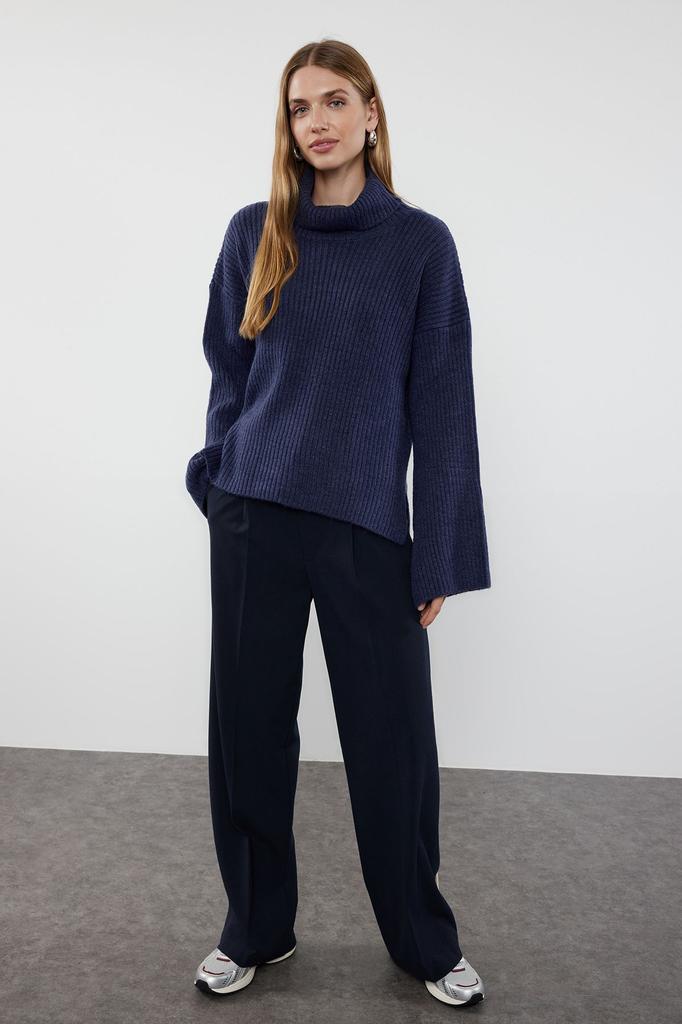 Женский модный стильный свитер, темно-синий широкий крой, мягкий текстурированный трикотажный свитер