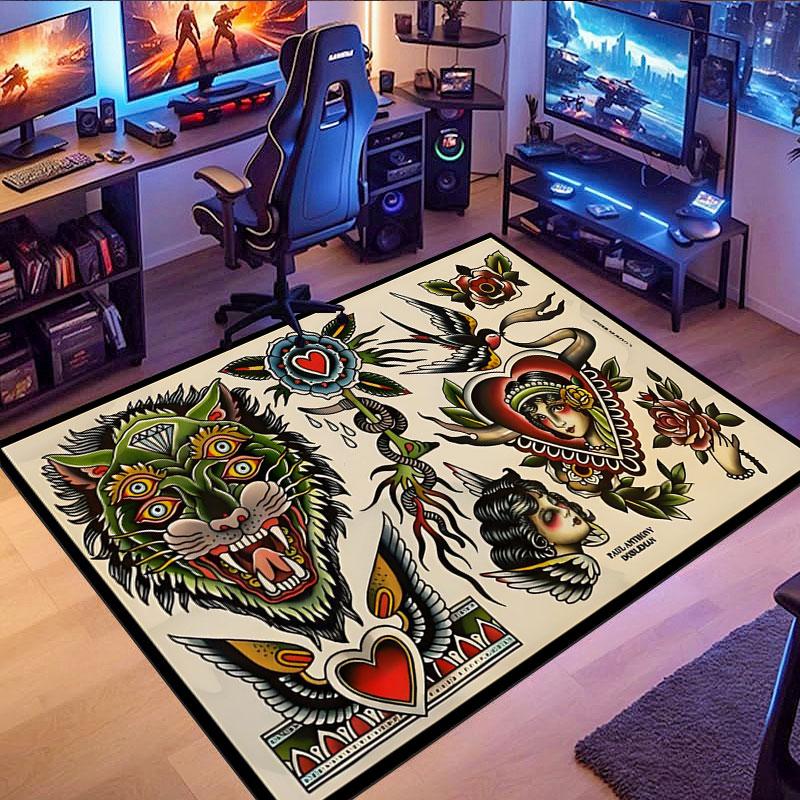 Tattoo-patterned rug, suitable for living room, bedroom, game room, computer room and home décor.