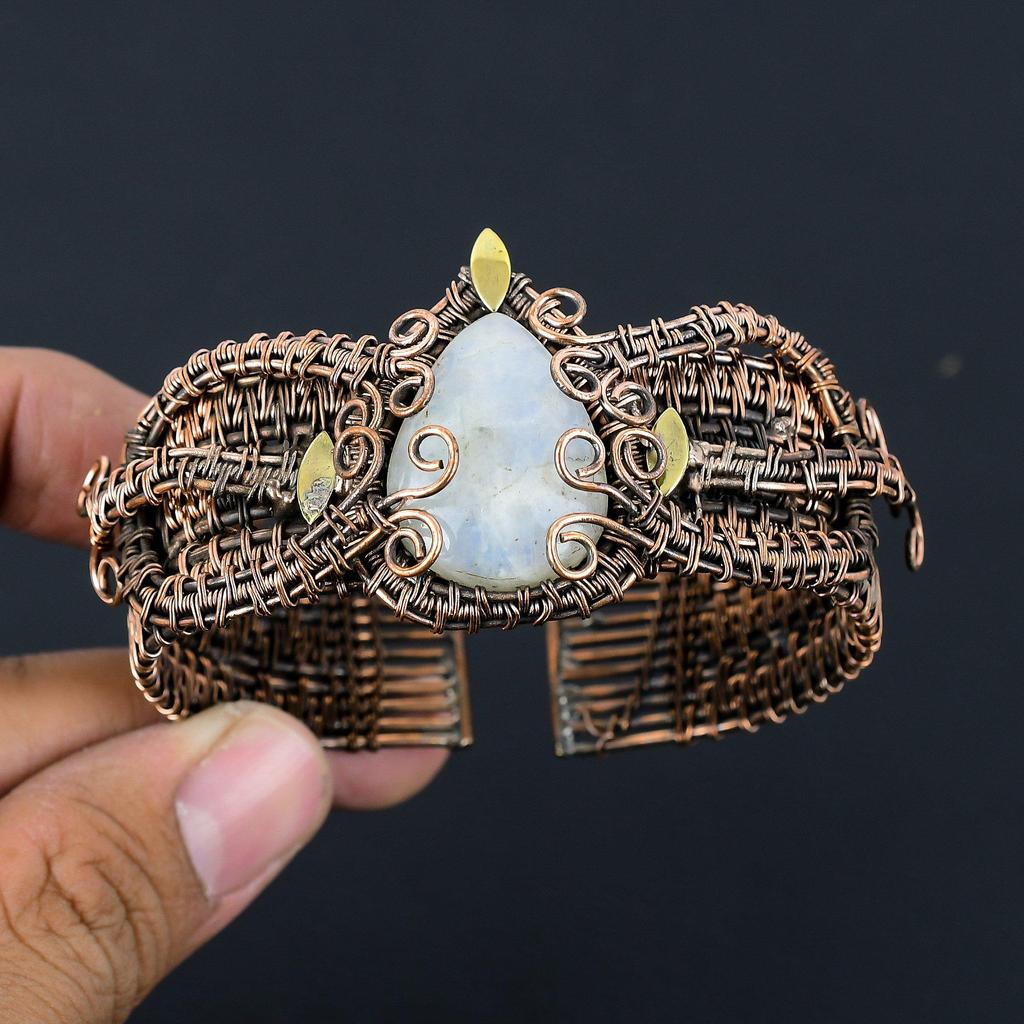 Moonstone Gemstone Handmade Copper Wire Wrap Jewelry Adjustable Bracelet For Women