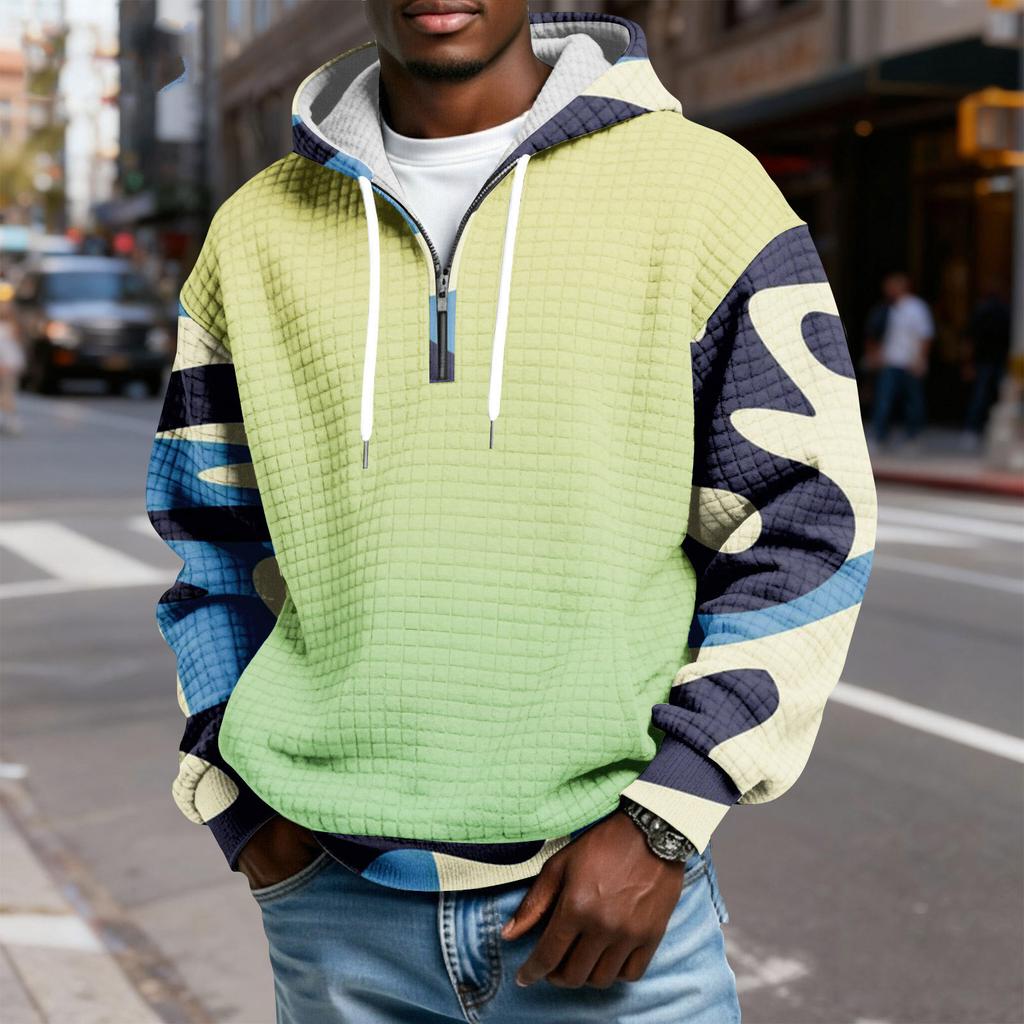 Мужской худи-пуловер в клетку с капюшоном на молнии до середины, со шнурком и принтом, повседневная спортивная толстовка