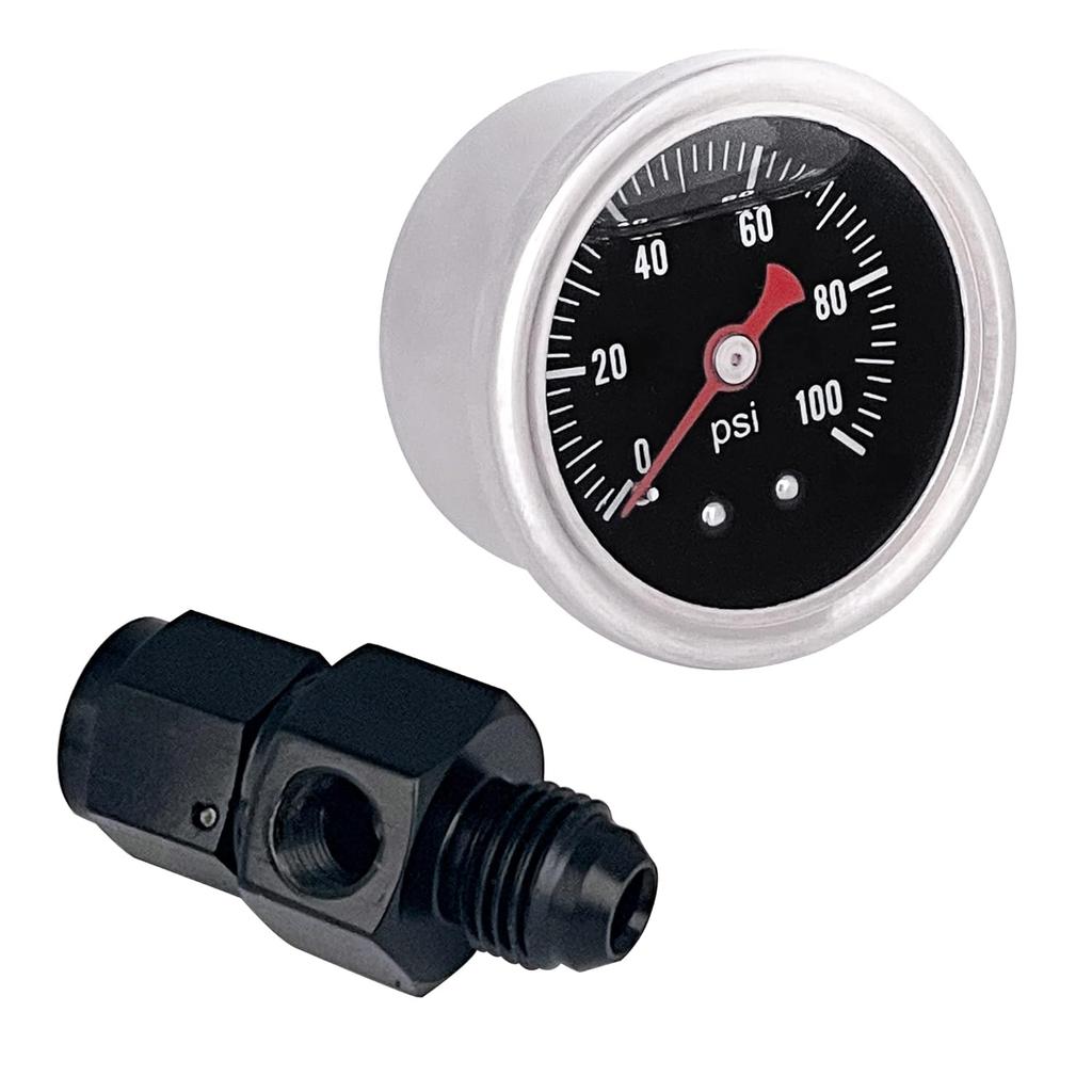 Universal Fuel Pressure Gauge Liquid 0-100Psi Oil Press Gauge 1/8" NPT With An 6 Fuel Pressure Take Off Fitting 6An Adapter