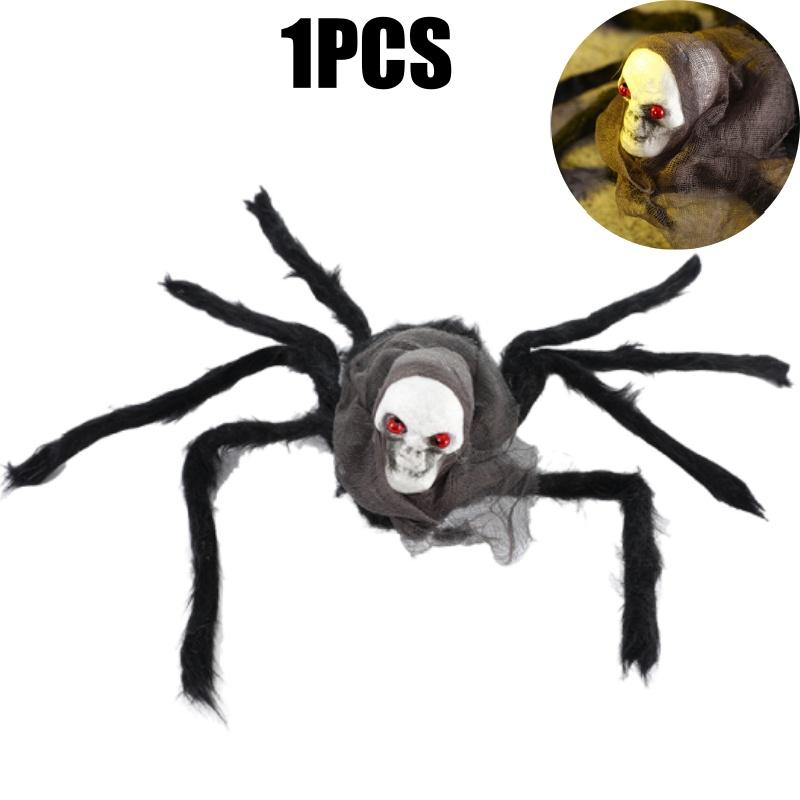 Theme Fluffy Spider Skull Veil Realistic Fake Spiders Halloween Decor Scary Haunted House Prop Cobweb Creepy Party Decoration