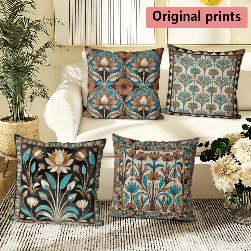Boho Lotus Floral Throw Pillow Covers Pattern Cushion Cover Suitable for Sofa Bedroom Car Pillow Cover