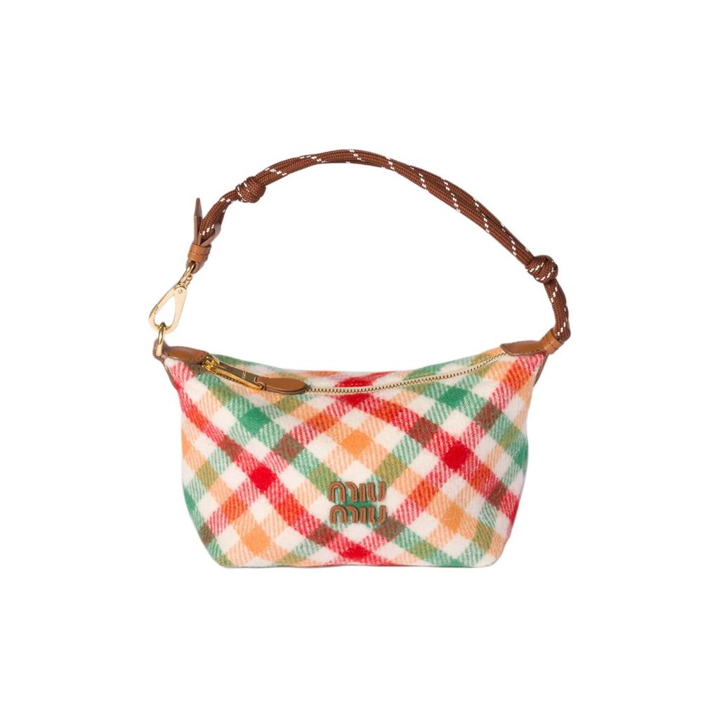 Miu Miu Plaid Logo Wool Tote Bag Women Handbags Red Green 5NE841_2IFK_F0Q6N