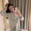 Spring New Lapel Button Cardigan Lounge Sets Womens 2 Piece Ice Silk Pajamas for Women Fashion Printing Sleepwear for Wome