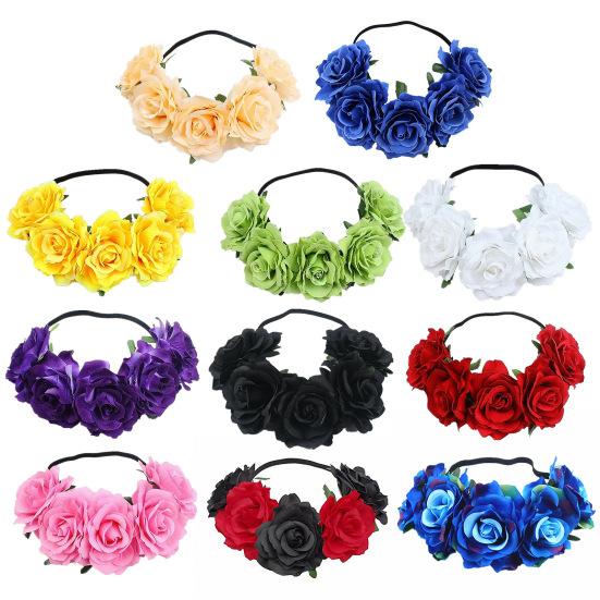 Повязка на голову с розами, обруч для волос ручной работы с 5 искусственными розами, высокая эластичная конструкция, обруч для волос в стиле бохо, праздничный декор