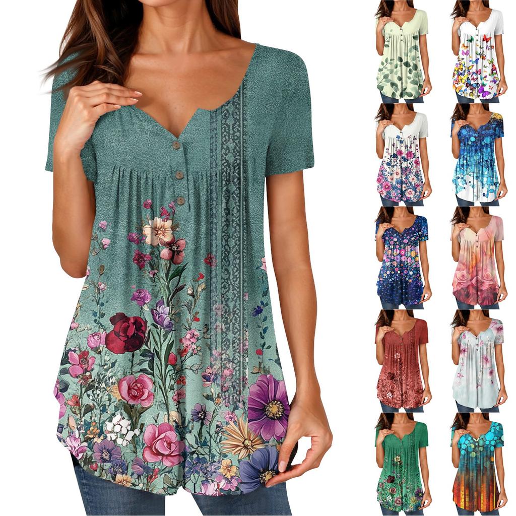 Women Tunic Tops Dressy Casual Summer Short Sleeve Shirts Loose Fit Pleated Boho Top