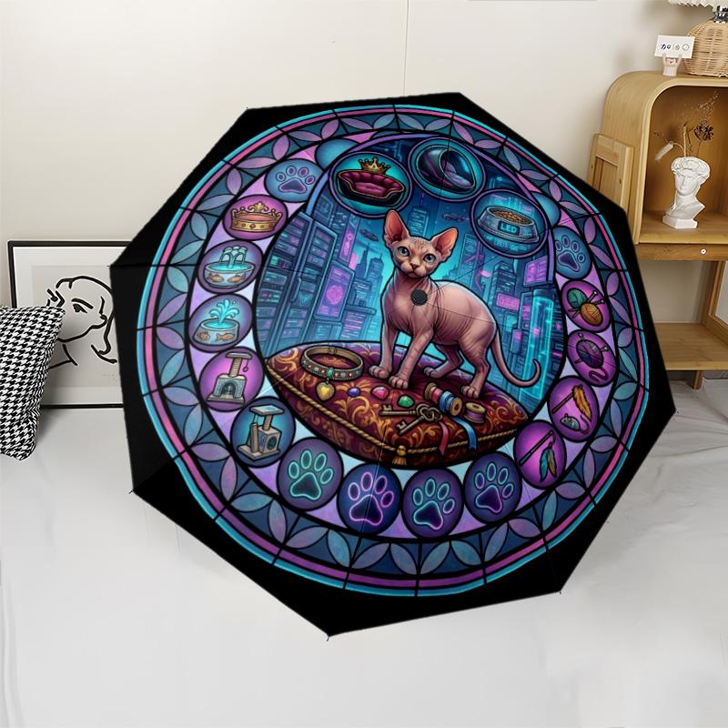 Cyberpunk Cat Mandala pattern umbrella, portable and foldable design, 8 ribs, a casual accessory for Halloween, Christmas, and birthday gifts.