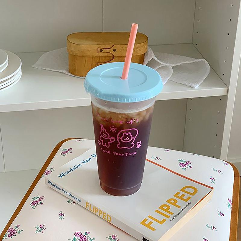 Kawaii стакан для воды с крышкой и соломинкой для кофе, сока, молока, чая, симпатичная пластиковая бутылка для воды, портативная многоразовая бутылка для питья, не содержит BPA