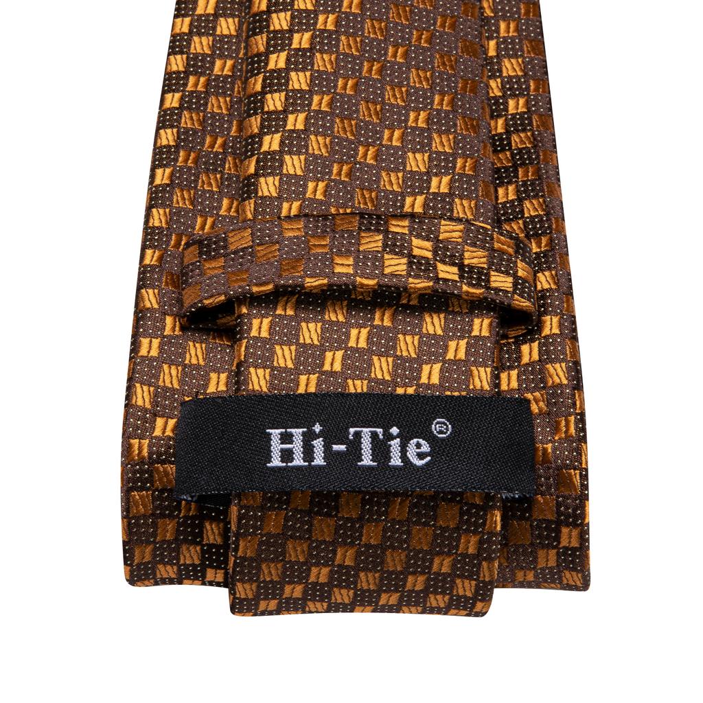Hi-Tie Dark Gold Plaid Jacquard Mens Silk Tie Classic Necktie Cufflink Hanky Set