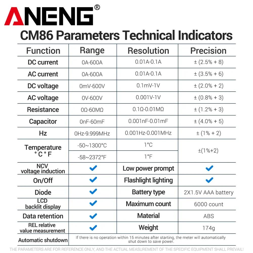 Портативный цифровой токоизмеритель-мультиметр ANENG CM86 600A AC/DC, измерение тока, напряжения, диода, бесконтактное определение напряжения (NCV), профессиональные инструменты для электрика