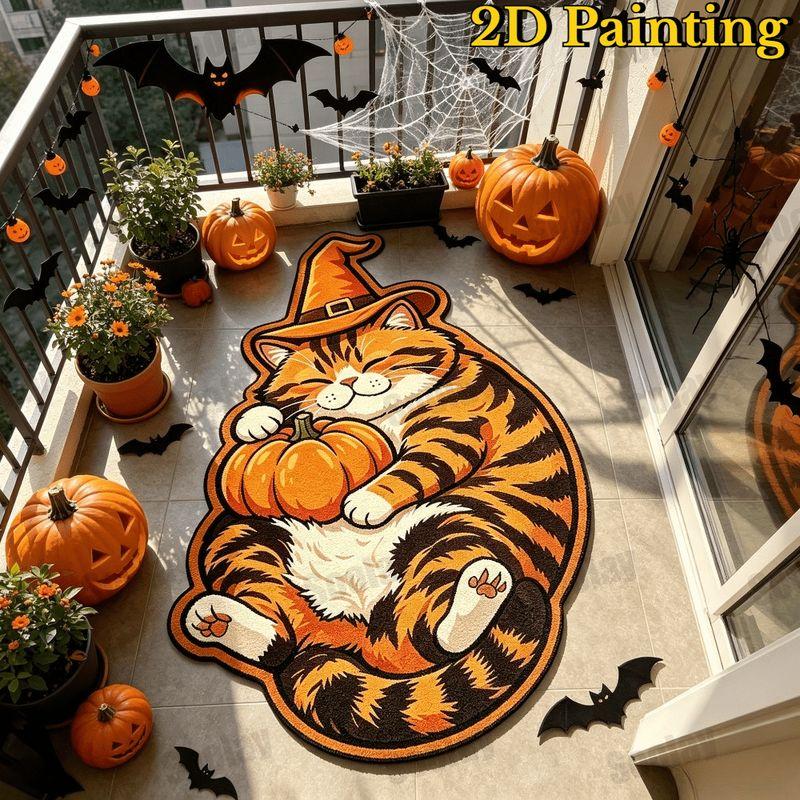 Cute Cartoon Halloween Cat Shaped Rug, Witch Hat Pumpkin Non Slip Floor Mat for Bedroom Entryway Fall Home Decor
