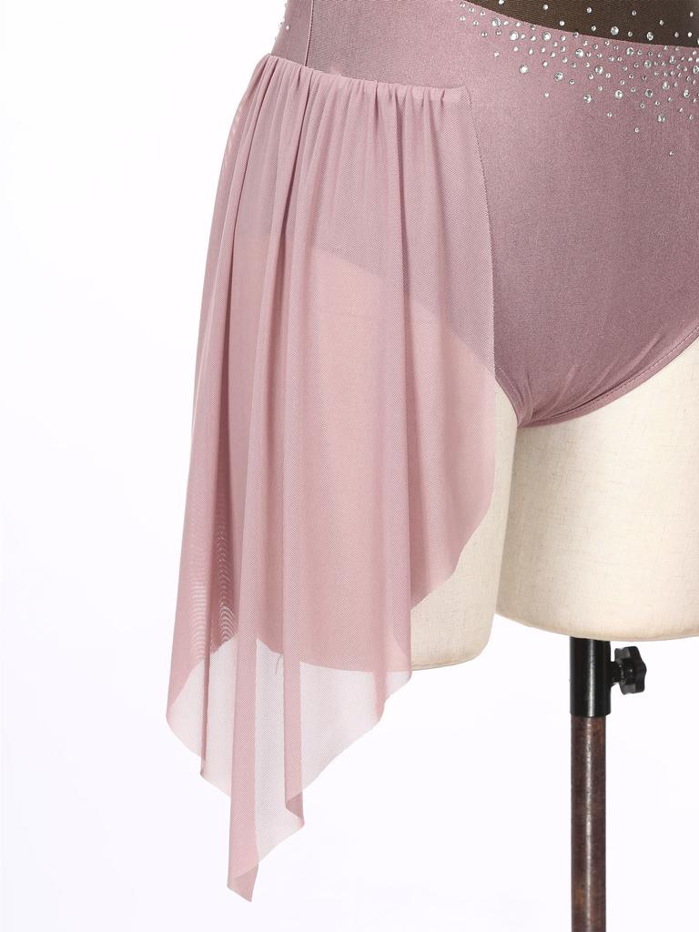 Womens Figure Skating Dance Performance Costume Glittery Rhinestone Irregular Shoulder Leotard Color Block Sleeveless Bodysuit