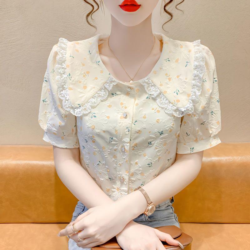 Летние женские топы с короткими рукавами и цветочным принтом, дизайнерские нишевые рубашки с короткими рукавами и милым кукольным воротником