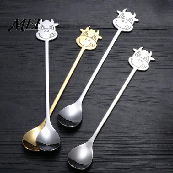 Cute Animal Handle Spoon Stainless Steel Coffee Spoon, Long with Bull Head Decor, Gold Multifunctional Stirring for Milk Tea Yogurt Jam Acid