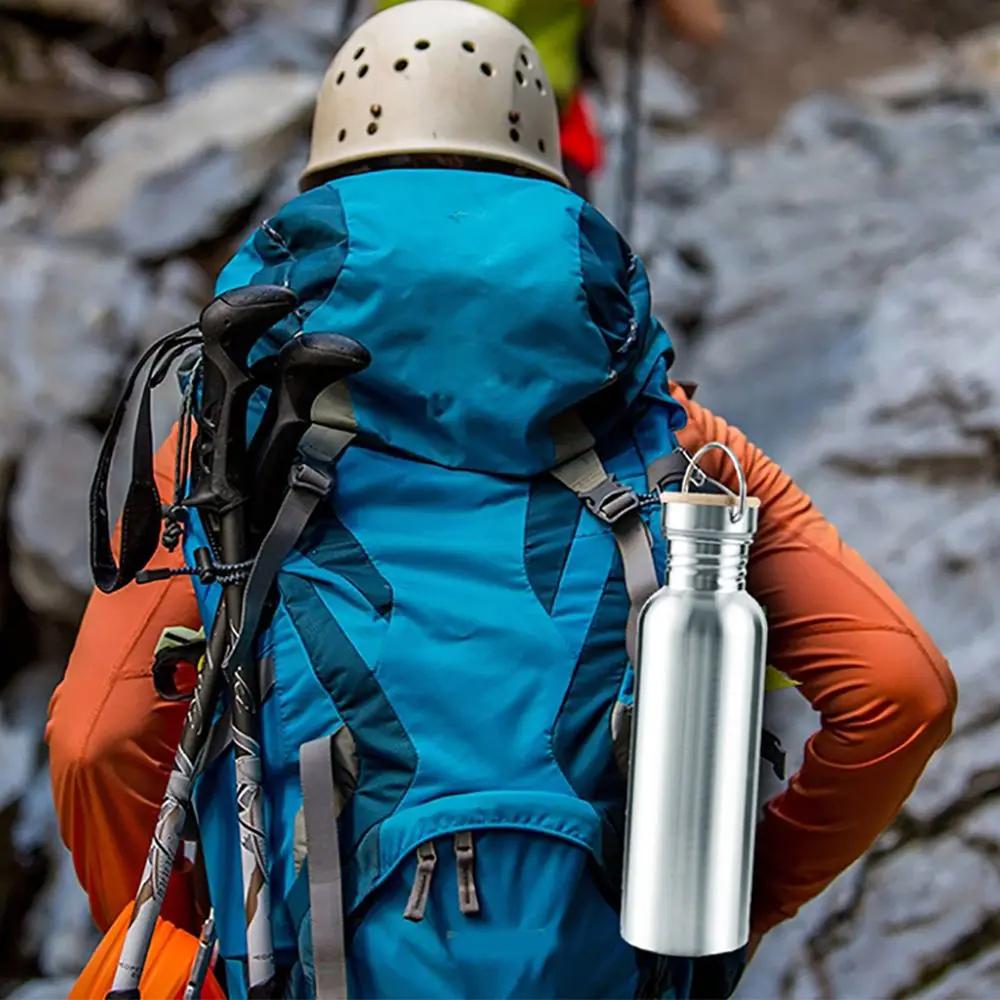 Серебряная одностенная бутылка для воды из нержавеющей стали 304, портативная герметичная бамбуковая крышка, изолированная металлическая фляжка