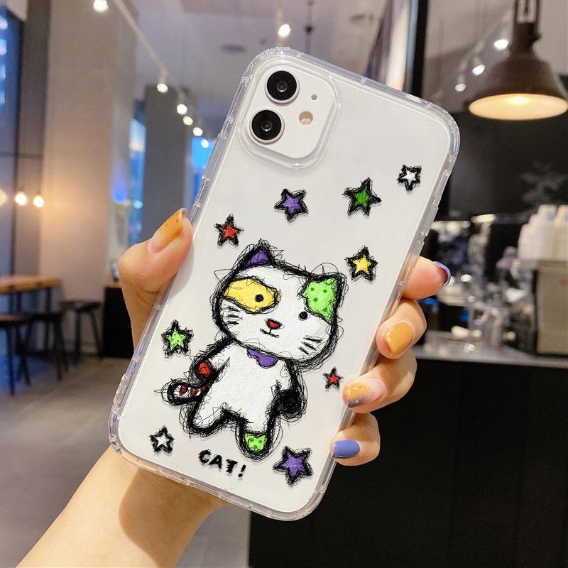 Милый Кавайный Кот Собака Наклейка Чехол для Телефона для iPhone 17 16 15 14 13 12 11 Pro Max Plus Корейский Стиль Ударопрочный Прозрачный Мягкий ТПУ Чехол