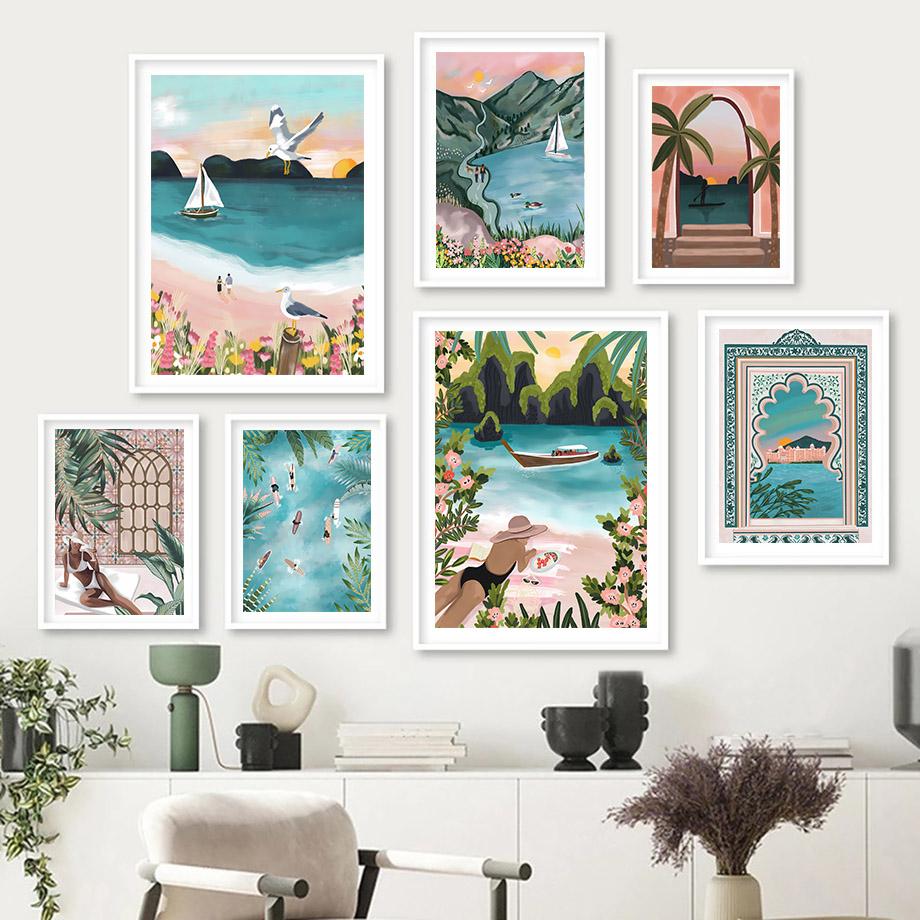 Бохо Абстрактная Девушка Озеро Птицы Лист Иллюстрация Настенное Искусство Холст Живопись Скандинавский Постер И Принты Картины Для Декора Гостиной