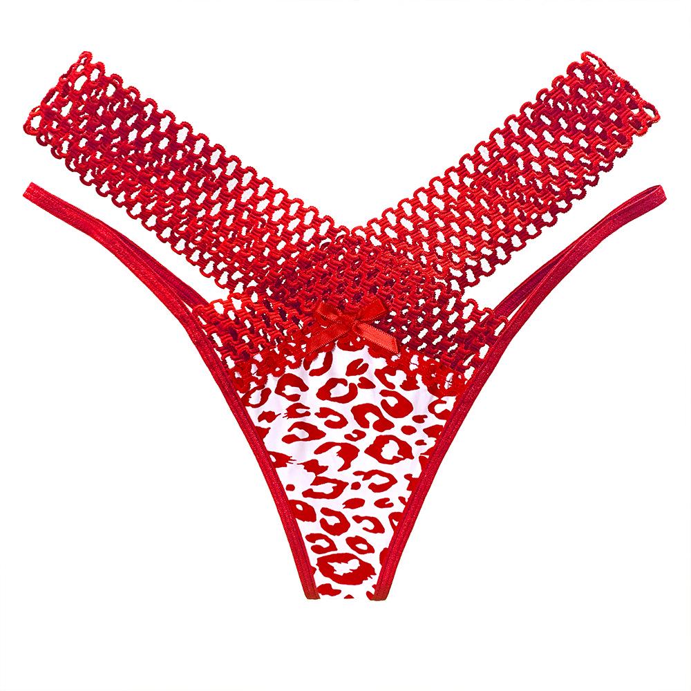 Leopard Print Thong: Women's Ice Silk Hollow-Out Strap Bandage Underwear