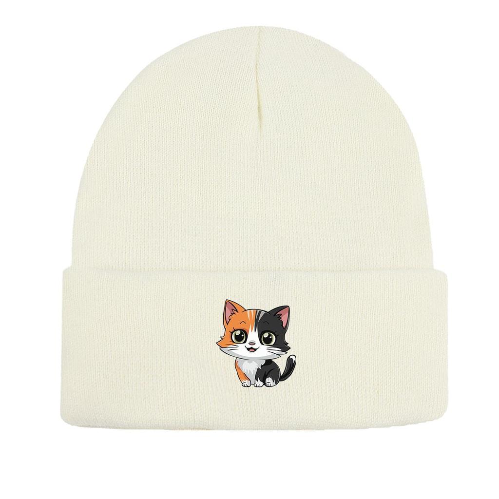 Cat Print Knitted Cap Beanie, Animal Woman Cap Lightweight Thermal Sporting Headwear Knit Hat Beanie