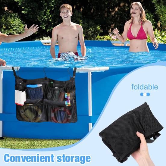 Poolside Storage Bag Multi Pockets Hollow Out Drainage 360 Degree Rotation Hook Large Capacity Swimming Pool Pole Toys Goggles Phone Mesh Bag