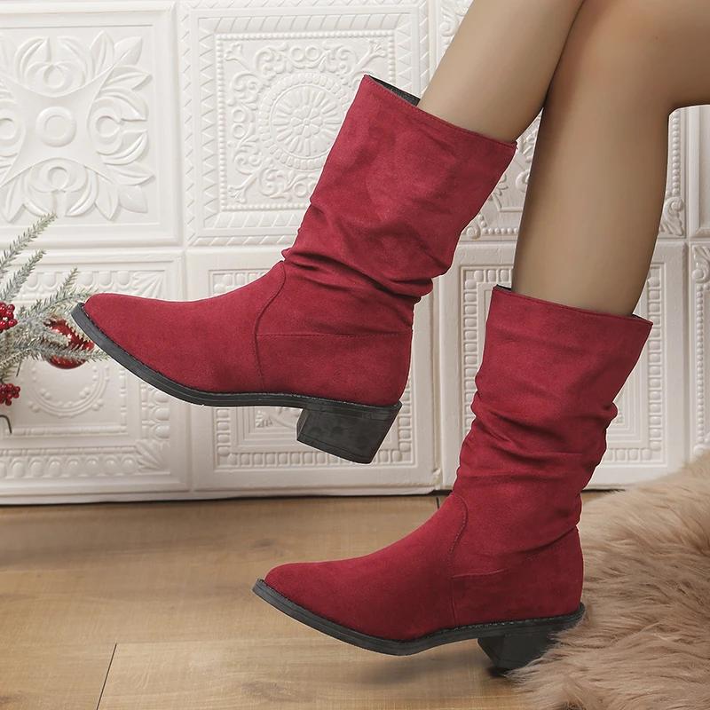 2024 Новые популярные универсальные женские ботинки плиссированные универсальные замшевые темпераментные модные ботинки с круглым носком Zapatos De Mujer