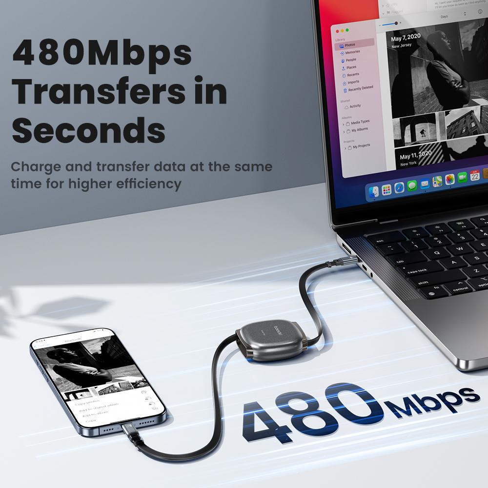 TOOCKI TX105A Mini Retractable USB-C to iP Cable 1M 27W Fast Charging Cord Support 480Mbps Data Transfer