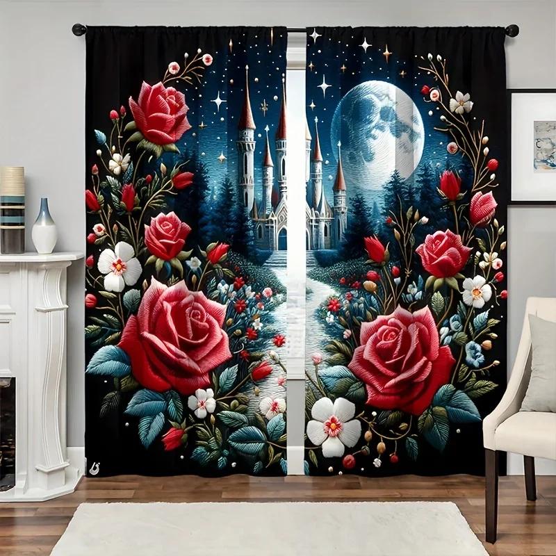 3D 2panels Blooming Roses Printed Curtain, For Bedroom Office Kitchen Living Room Study Home Decor