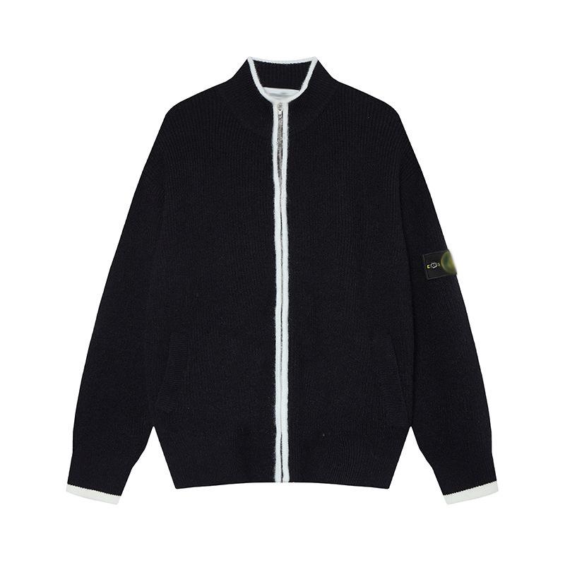 Унисекс Осенне-Зимний Кардиган на Молнии с Каменным Узором: Стойка воротника, Деталь с нашивкой, Двухцветный вязаный свитер