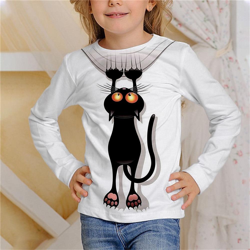 Girl Clothes Casual 3D Cat Graphic T Shirts Long Sleeve Tshirts Round Neck White T-Shirt Fashion Tops Outdoor Clothing for Girls
