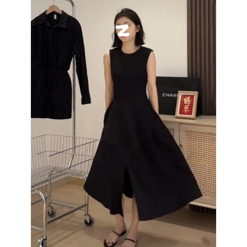 round Neck Chubby Girl Hepburn Style Waist Black Dress Vest