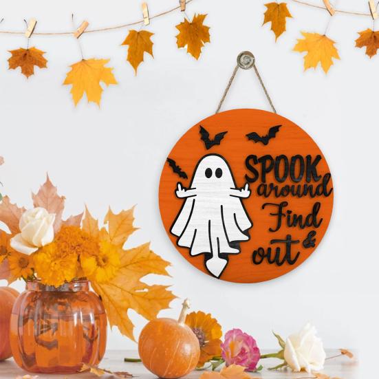 Halloween Ghost Door Sign Spook Around Find Out Welcome Sign Front Porch Hanging Wooden Plaque for Home Window Wall Decor