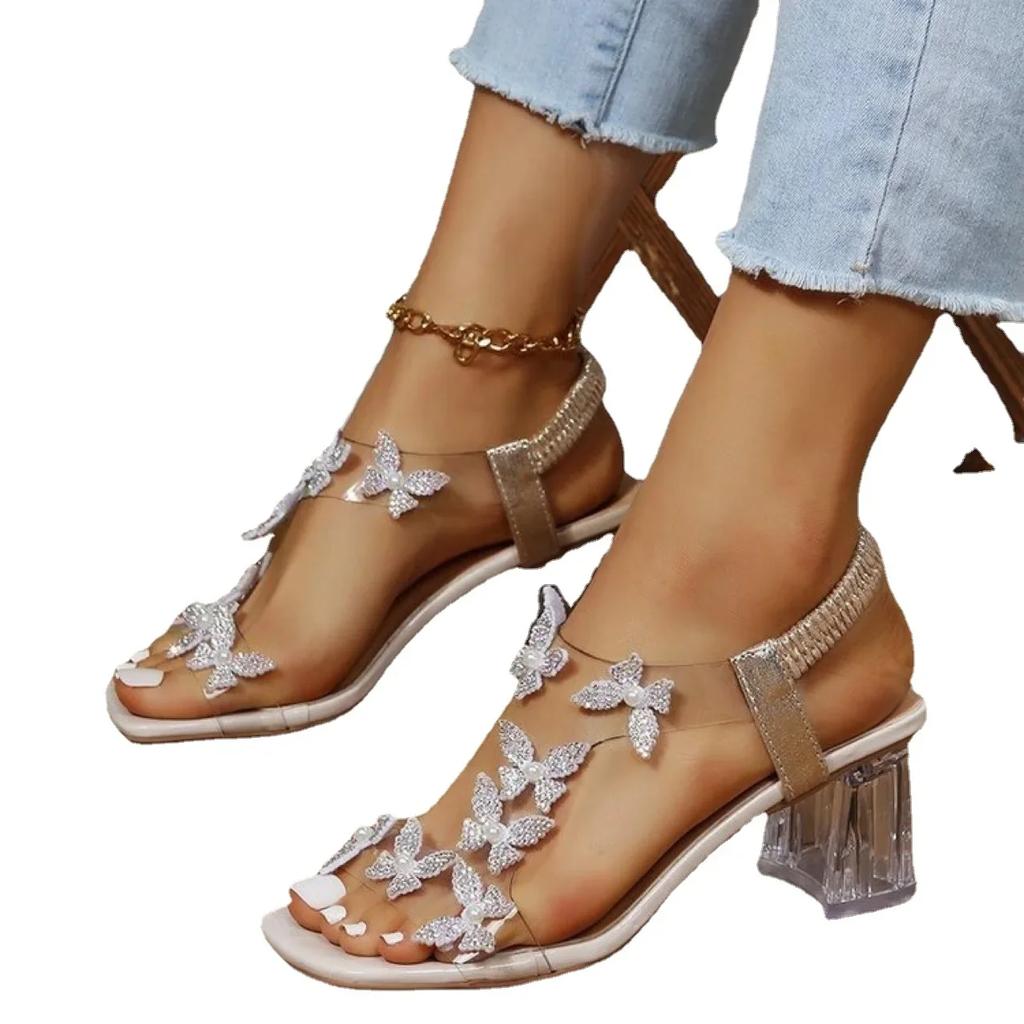 Fashion New Thick Heel Sandals for Women Large Size Casual Sandals Rhinestone High Heels Women's Shoes Metal Butterfly Party Wedding