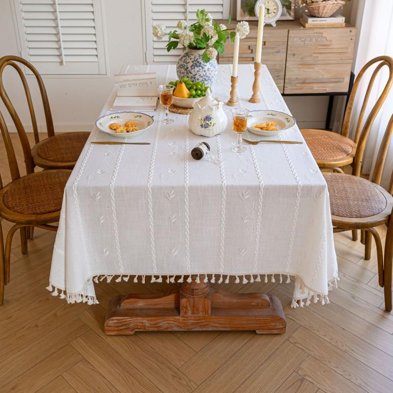 Embroidered Striped Tablecloth Dining Table Modern Minimalist Home Decor Cotton Blend
