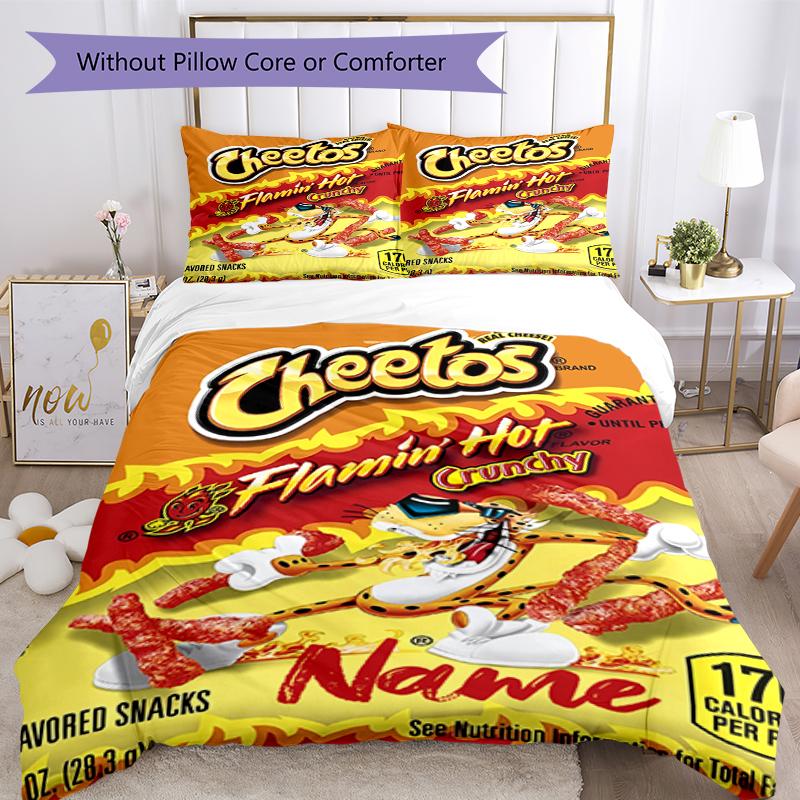 3pcs Custom Name Cheetos Bedding Set Duvet Cover Closure Includes 1 Duvet Cover & 2 Pillowcases, Soft and Comfortable for All Seasons.