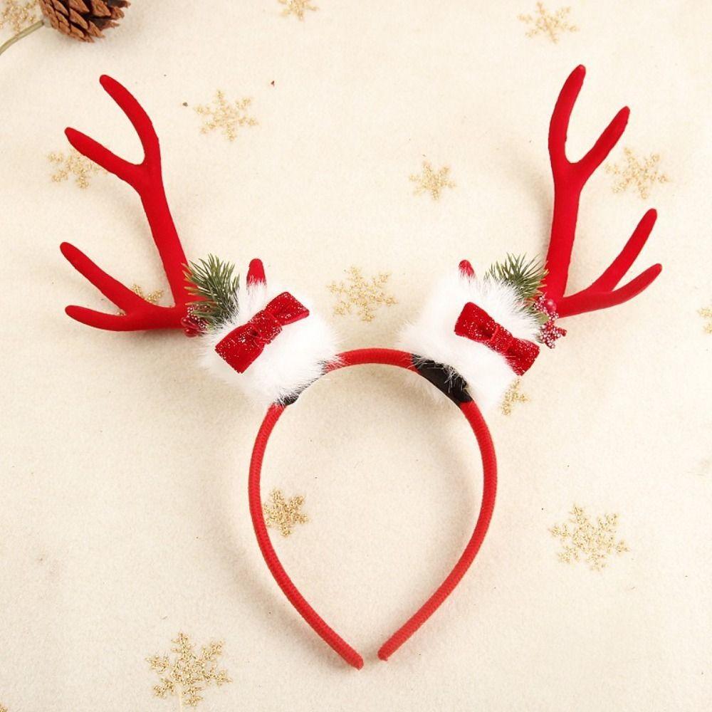 Bowknot Antlers Headband Plush Ball Elk Hair Hoop Deer Horn Hair Band Festival Decoration
