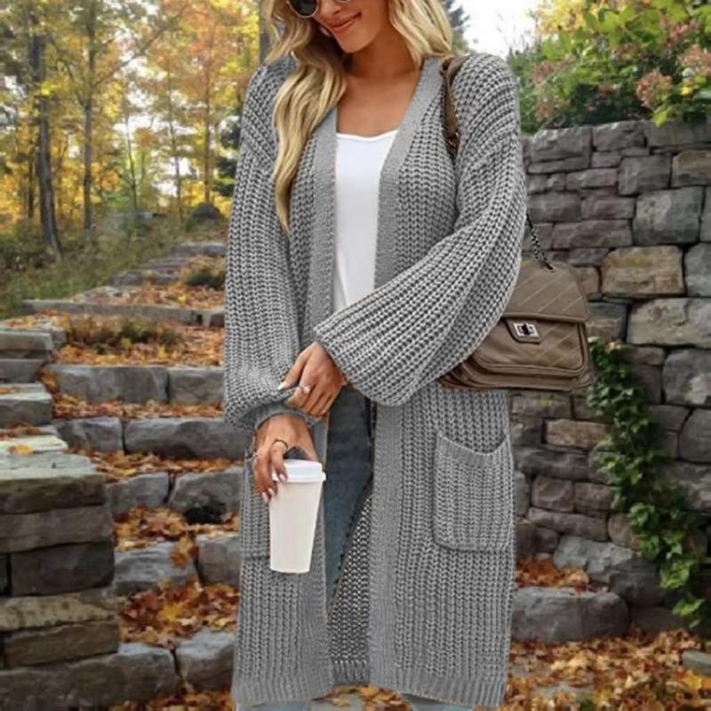 2025 Autumn Winter New Sweater European American Style Mid-length Loose Double Pocket Cardigan Pullovers Jacket