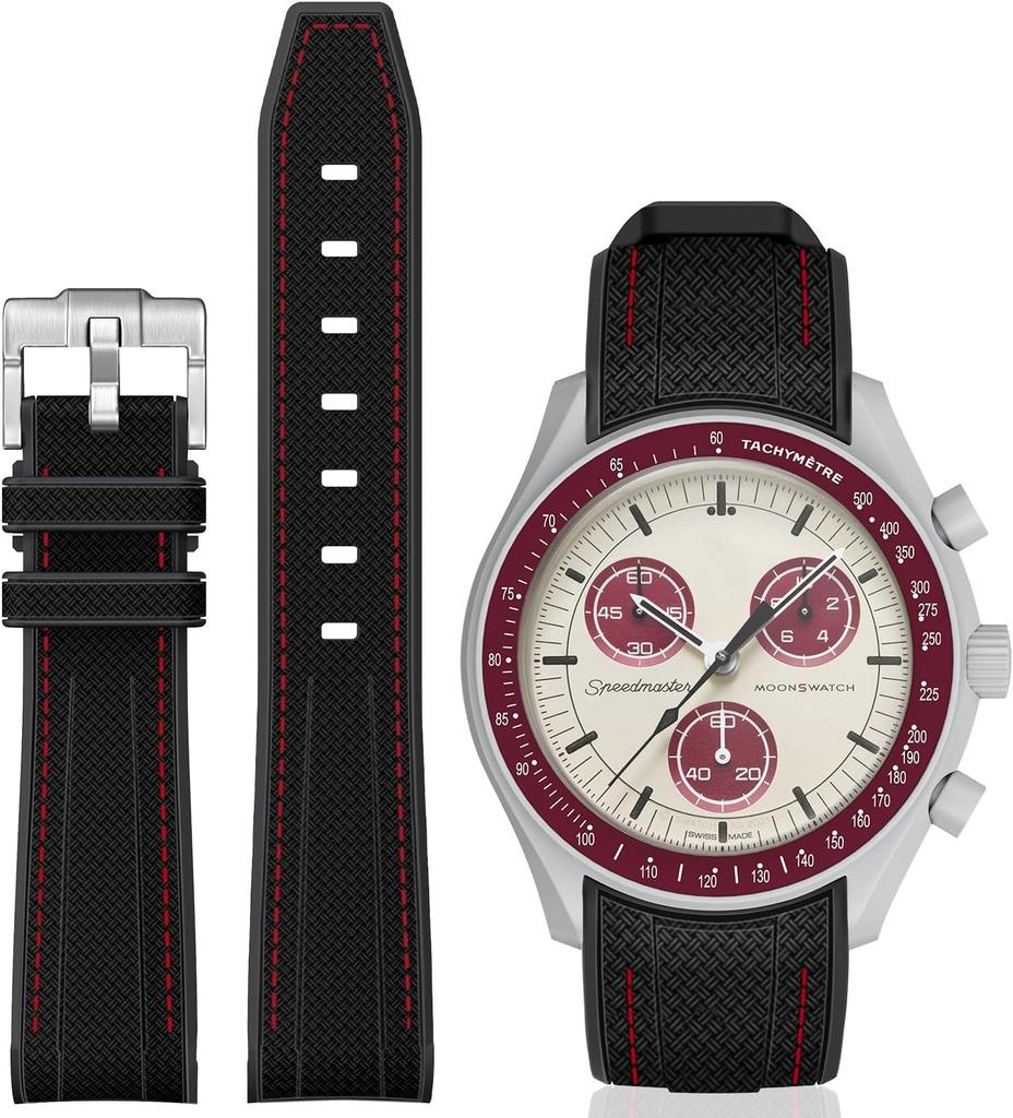 Jumpsunfun 20mm Watch Band for Omega and Silicone Strap with Quick Release Replacement Black with Red Stitching X, Swatch, Speedmaster, MoonSwatch,