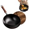 Forged Iron Wok with Wooden Lid Nonstick Skillet Pot Even Heating Fry Pan for Gas Stove Induction Cooker Ergonomic Handle Cooking Pot