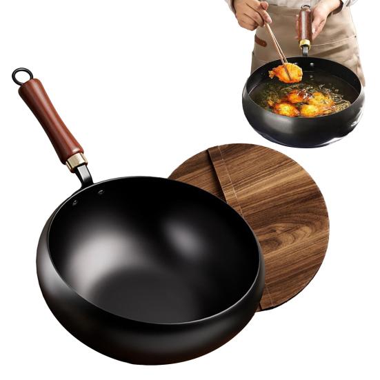 Forged Iron Wok with Wooden Lid Nonstick Skillet Pot Even Heating Fry Pan for Gas Stove Induction Cooker Ergonomic Handle Cooking Pot