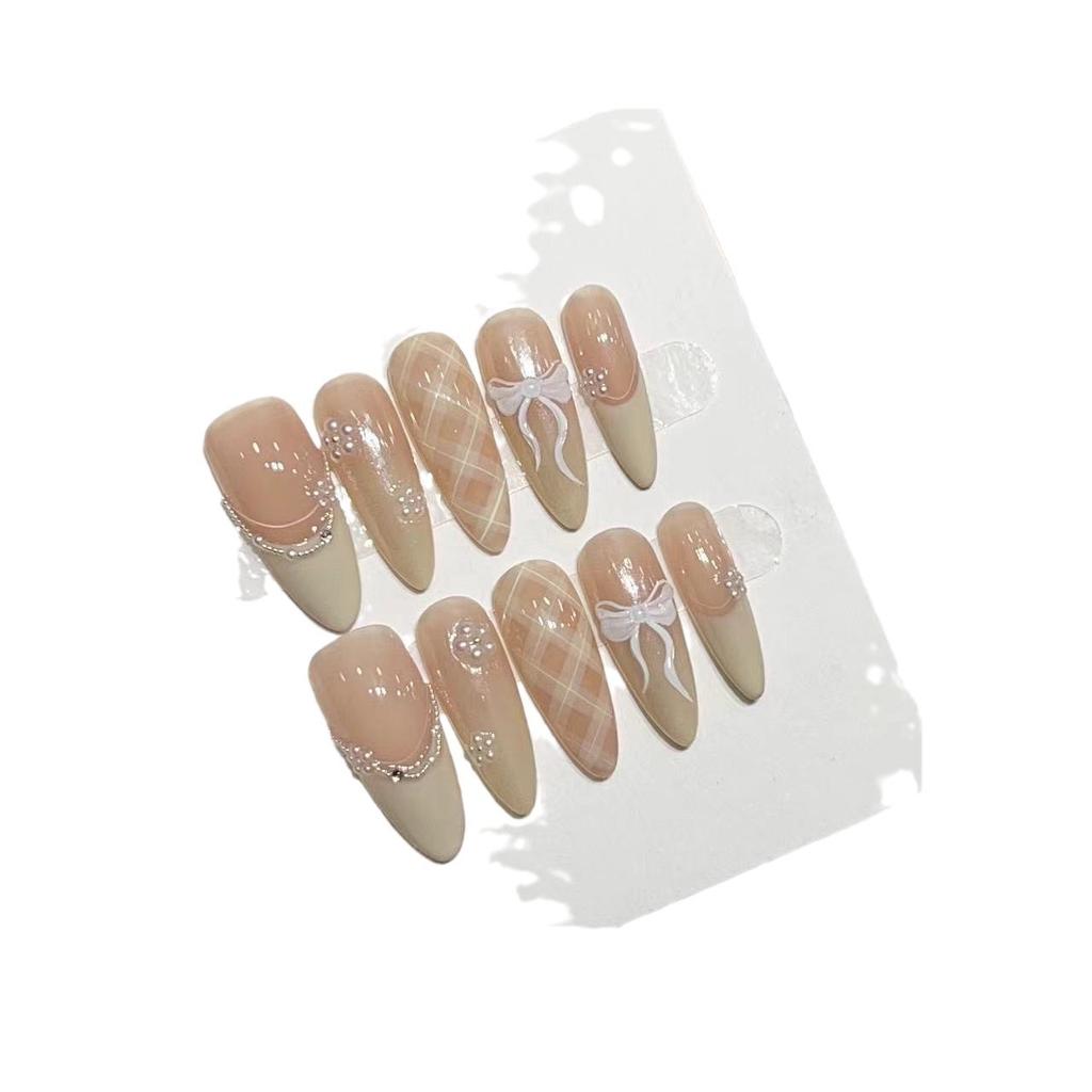 Temperature Manicure Wear Nail Handmade Sweet Nude Color French Bow Fake Nail Patch