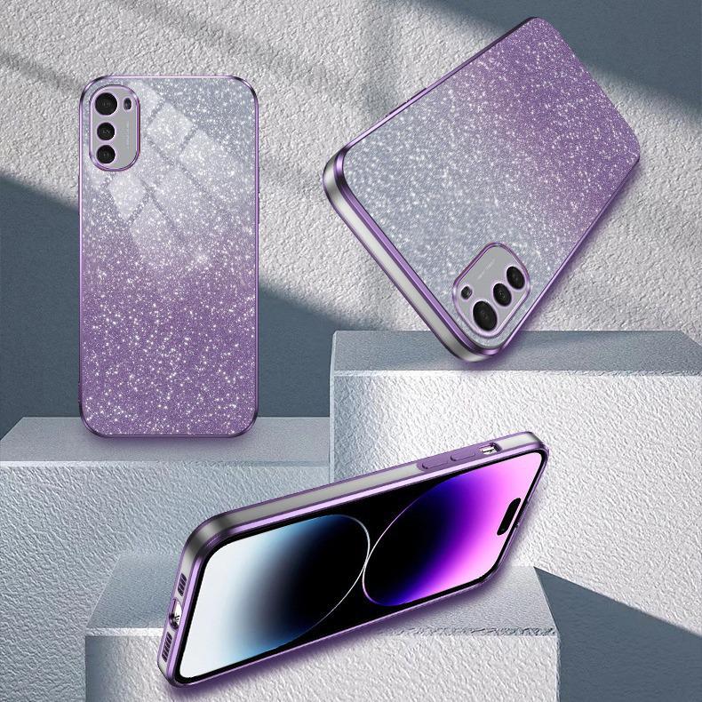 Электроплакированный ТПУ чехол с блестками для телефона Moto G73: Градиентный, Противоударный, Мягкий чехол для E22, G84, G53, G60.