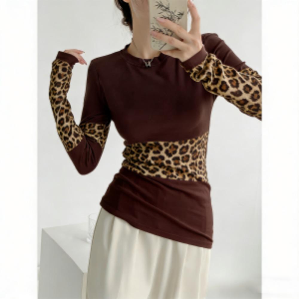 Весна Европа Америка Кот Леопардовый принт Модная женская футболка Пуловер Женская одежда с длинным рукавом Повседневные футболки для улицы Топ