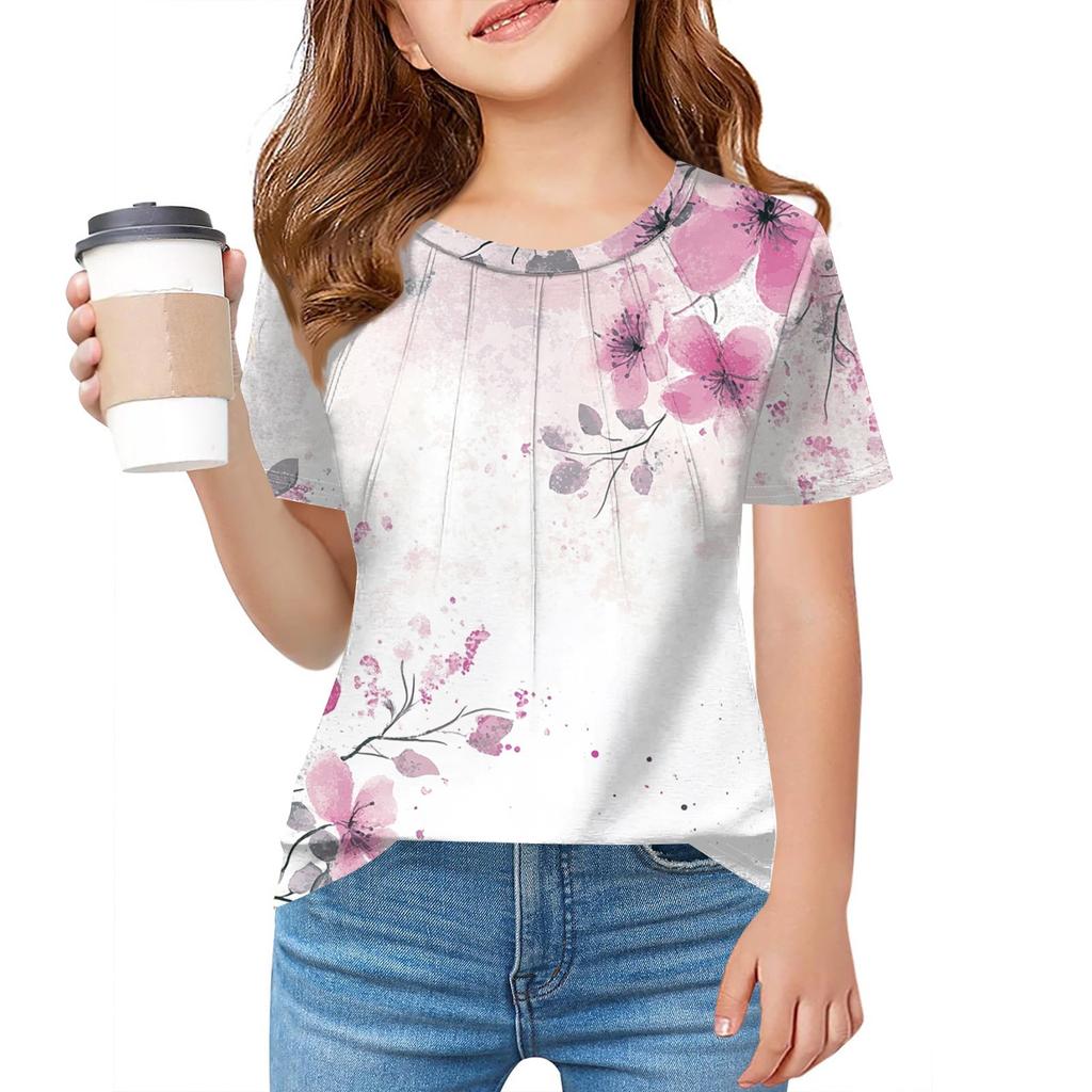 Детская футболка Fold A для девочек, летняя модная куртка с круглым воротником и цветочным принтом с короткими рукавами