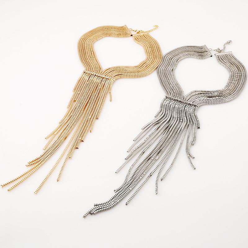 Rhinestone Fashionable Decorative Long Tassel Design Women Necklace Metal